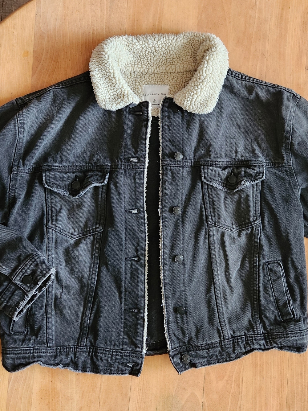 Celebrity Pink Black Denim Jacket with Cream Sherpa Collar